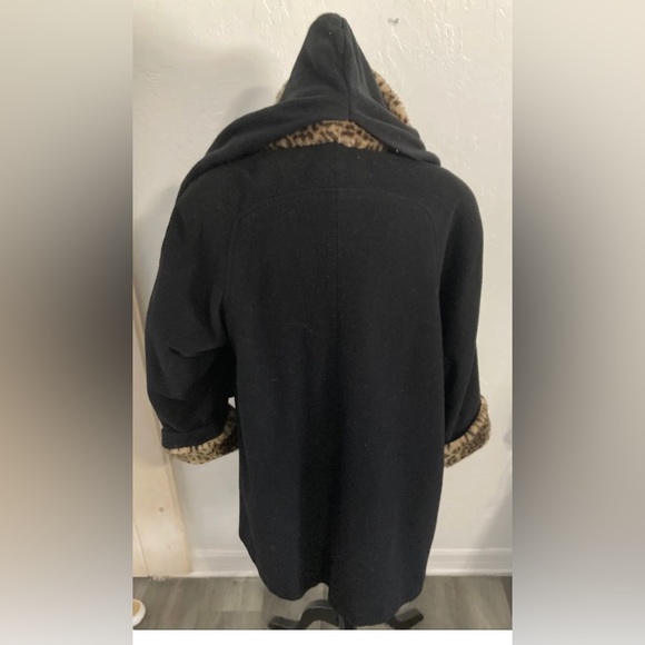 Lorovi  Trench Coat Size 10 Black Wool Cheetah Trim And Over Head Scarf + 1 - Picture 5 of 10